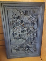 Vintage Black Wood Panel with a Bird and Flowers - SOLD AS IS 