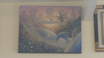 Dolphins Above and Below Ocean Wave at Sunset Framed Painting by James Fields