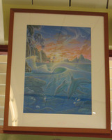Dolphins Under the Waves at Sunset Framed Painting by Richard Fields  37" x 28"