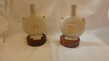 Set of 2 White Pottery Pilgrim Bottles with Chinese Characters