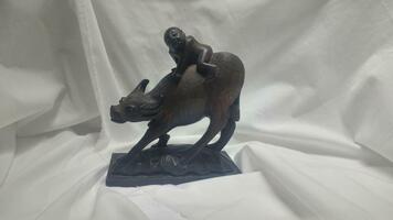 Man on Ox Wood Sculpture with Metal Base - Circa 1960s - 6" x 5 1/4" x 2 1/2