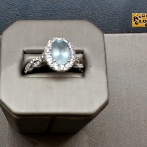 Aquamarine Stone in Circled with Melee Diamonds, 14kt White Gold, Size 7