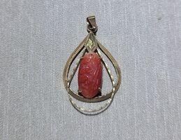 Red Coral with Flower Design Set in 18kt Yellow Gold Teardrop Shape Pendant