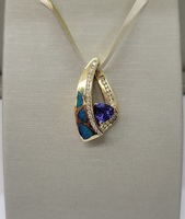  Purple Trillion Tanzanite Stone with Boulder Opal Pendant, 14kt Yellow Gold