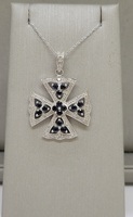  Iron Cross Pendant in Diamonds and Sapphire with 18" Box Chain, 14kt White Gold