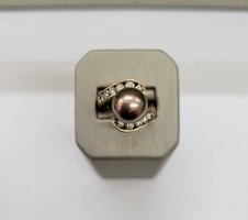   South Sea Bronze Colored Pearl with Diamonds Ring-18kt Yellow Gold-Size 7