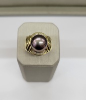  South Sea Black Pearl-12.5mm w/ Baguette Diamonds Ring-Size 7, 18kt Yellow Gold