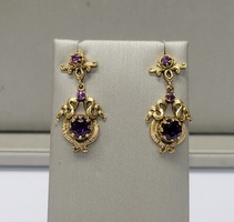   Vintage Drop Down Style Earrings with Purple Amethyst Stones, 14kt Yellow Gold