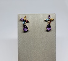   Flower Dangle Post Earrings w/ Citrine, Topaz, Garnet,  Amethyst Stones 