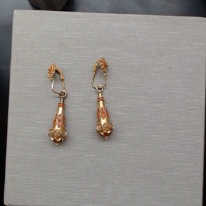    Antique Gold Enamel Drop Earrings,Etruscan Revival Style-15kt Yellow Gold