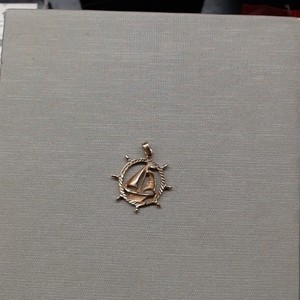 Nautical Themed Pendant - Sailboat in Ship's Wheel - 14kt Yellow Gold