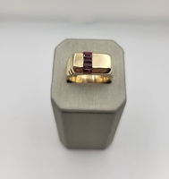   Solid Art Deco Style Ring w/Dark Red Ruby Baguettes, Size 9 - 14kt Yellow Gold