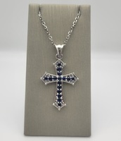  Blue Sapphire Cross Pendant with 18" Chain Link Necklace - 14kt White Gold 