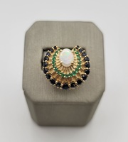 Sapphire & Emerald Fanned-Out Peacock Design w/Opal Center Ring-14kt Yellow Gold