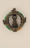  Vintage Tri-Colored Jade Pendant the Features a Figure of Guan Yin - Brass