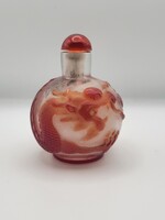  Antique Chinese Glass Snuff Bottle w/Red Dragon Inlay Design-Stopper and Spoon