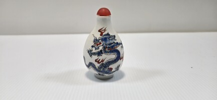   Old Chinese Porcelain Snuff Bottle White Body With Blue Dragon Red Top