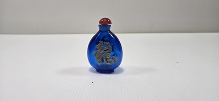   Old Chinese Blue Glass Snuff Bottle Silver Dragon